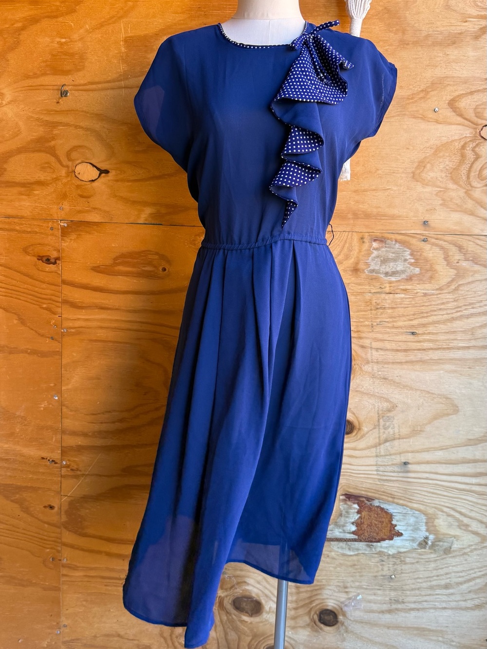 Vintage Sheer Blue Dress with Polkadot Ruffle - Picture 4 of 5